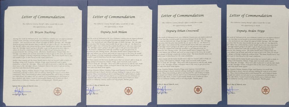 Letters of commendation for Lt. Rushing, Deputy Milam, Deputy Tripp, and Deputy Cresswell.