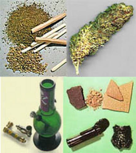 Ground up weed, weed leaf, bong and pipes used to smoke.